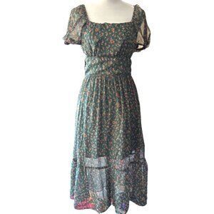 Altar'd State women's green floral puff sleeve peasant midi dress sz Small